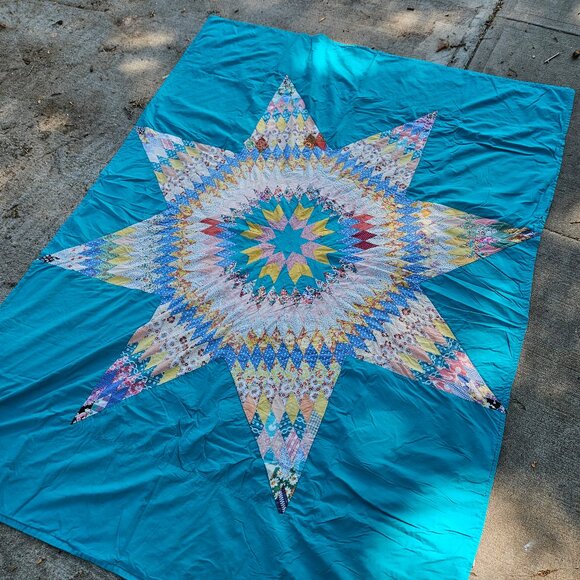 VIntage 30s Depression Floral Feed Sack Lone Star Blue Coverlet Bedspread 90x67 - Picture 1 of 11